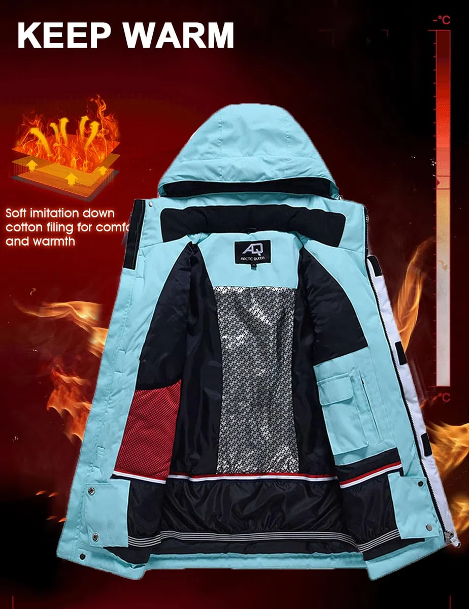 ALSOGO Ensemble veste de ski et pantalon de ski pour femme - 2 pièces - Combinaison de neige imperméable et chaude - Veste d'hiver avec capuche amovible pour le ski, le snowboard, la neige - Pantalon