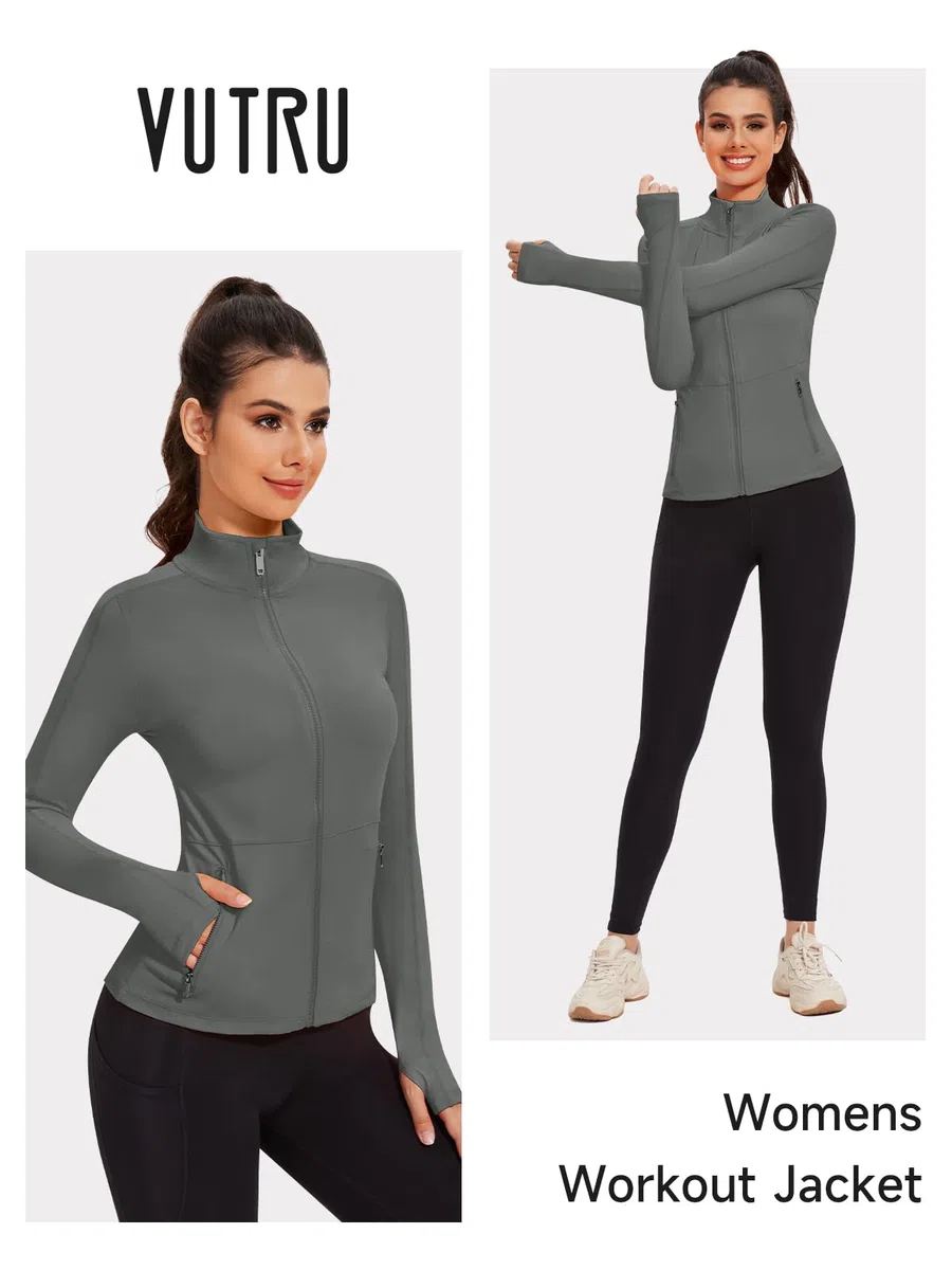 VUTRU Veste de course à pied pour femme - Veste de sport - Manches longues - Veste respirante avec poches - Trous pour les pouces avec fermeture éclair