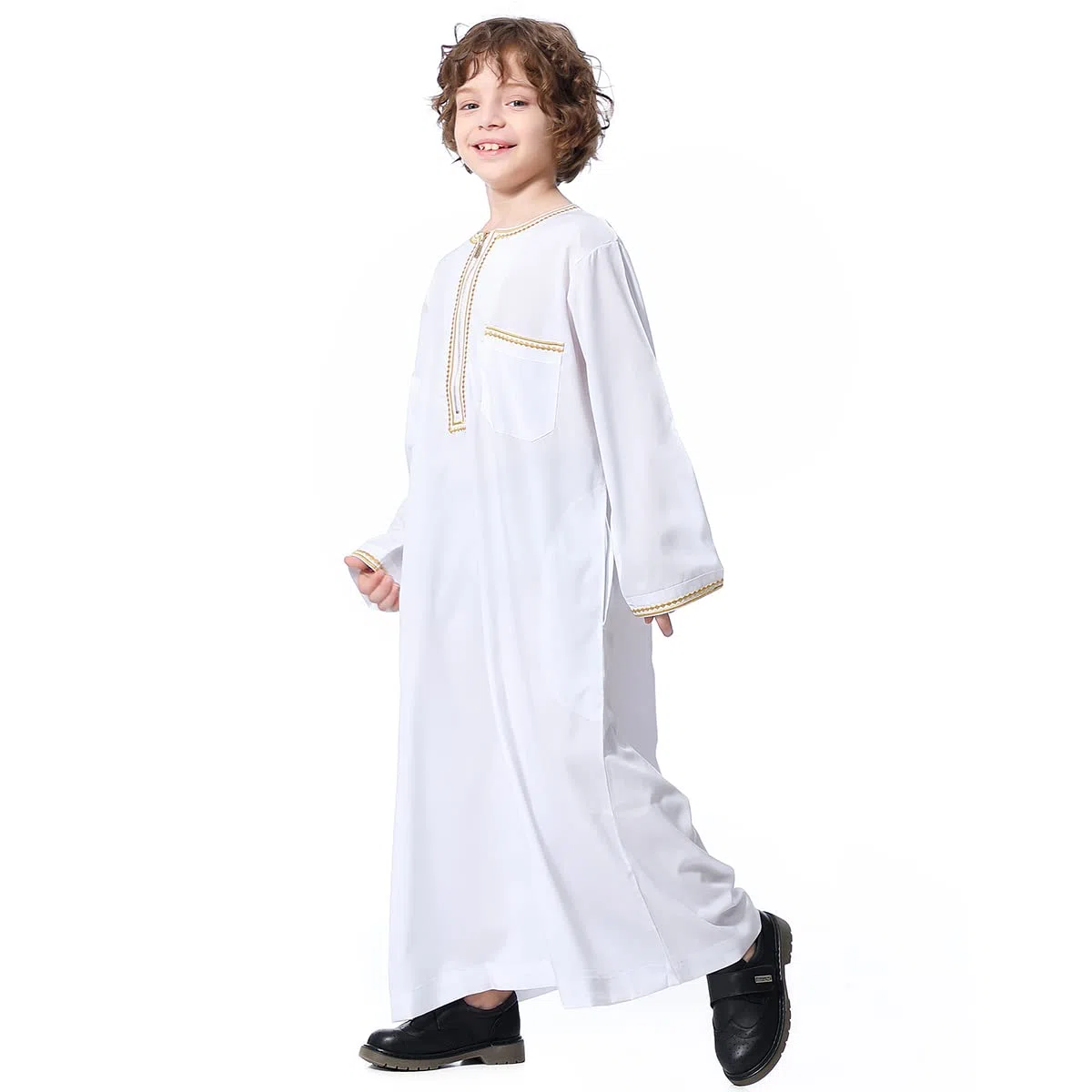 OBEEII Robe caftan à manches longues musulmane arabe arabe brodé pour garçon Abaya Thobe