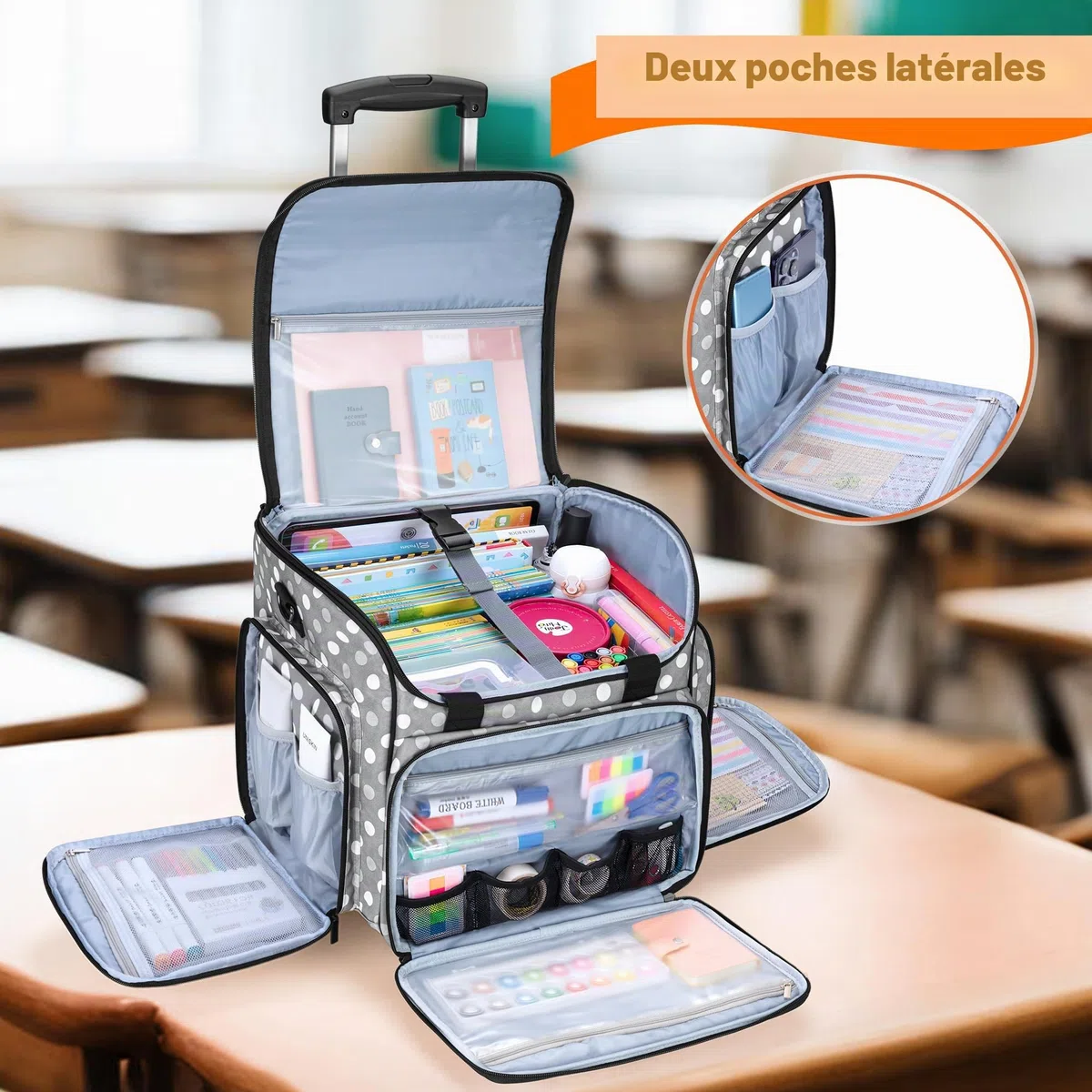 Luxja Sac à roulettes pour Professeur avec Plusieurs Poches et Coussin de Soutien Inférieur, Sac de Transport pour Enseignant avec Chariot Détachable (Brevet de Conception), Pois Gris