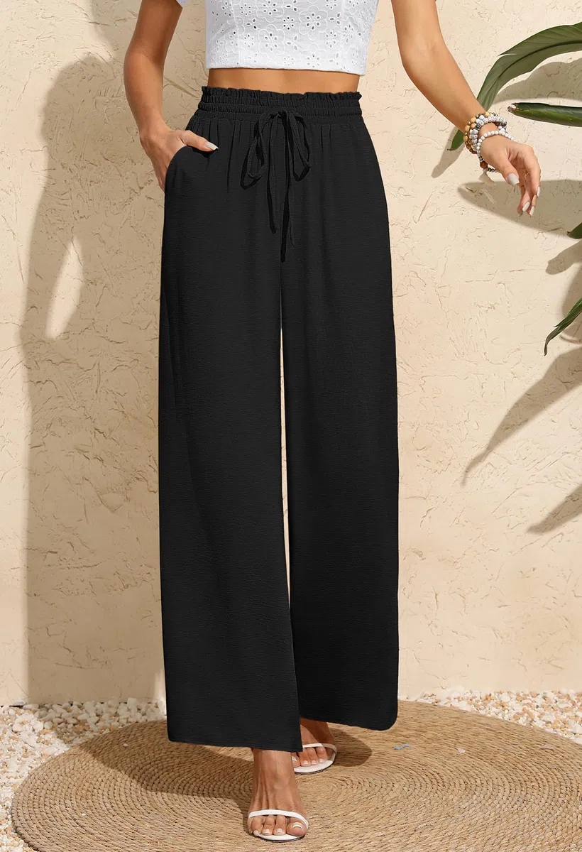 BEIGAI Pantalon Palazzo pour femme, large, coupe droite, taille haute, extensible, élégant, avec poches