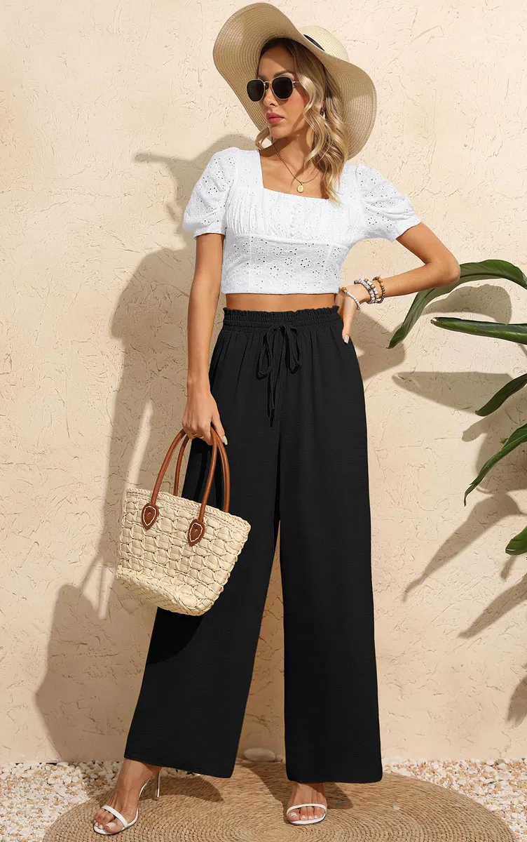BEIGAI Pantalon Palazzo pour femme, large, coupe droite, taille haute, extensible, élégant, avec poches