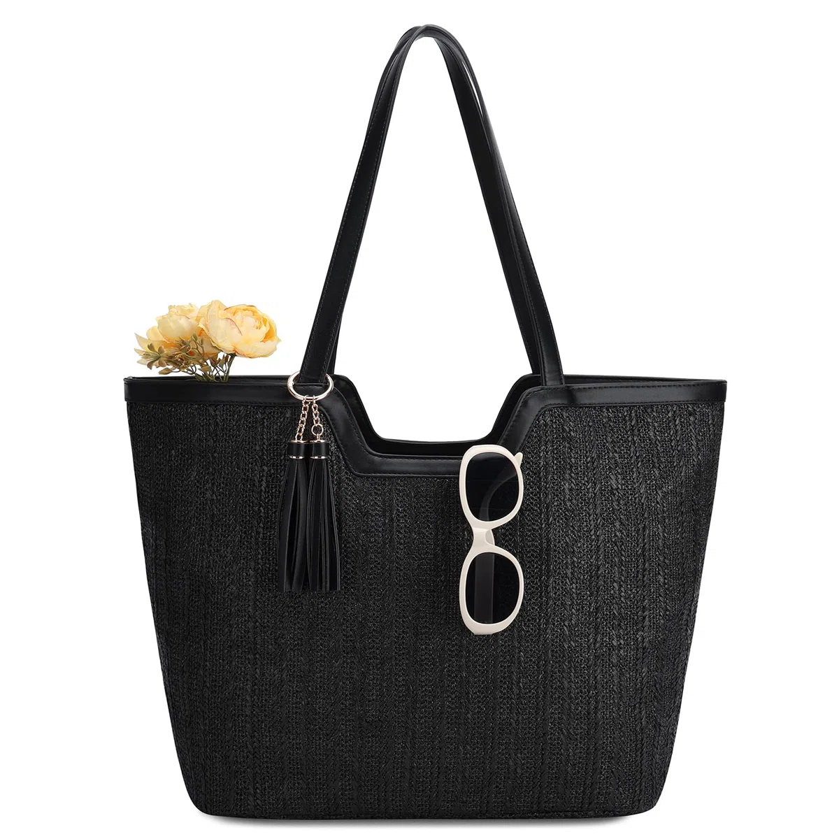 VASCHY Sac Cabas Femme Plage Paille, Grand Sac à Main Fourre Tout d'Été Tissé Boho Recyclable Léger avec Fermeture Éclair pour Voyage Vacances