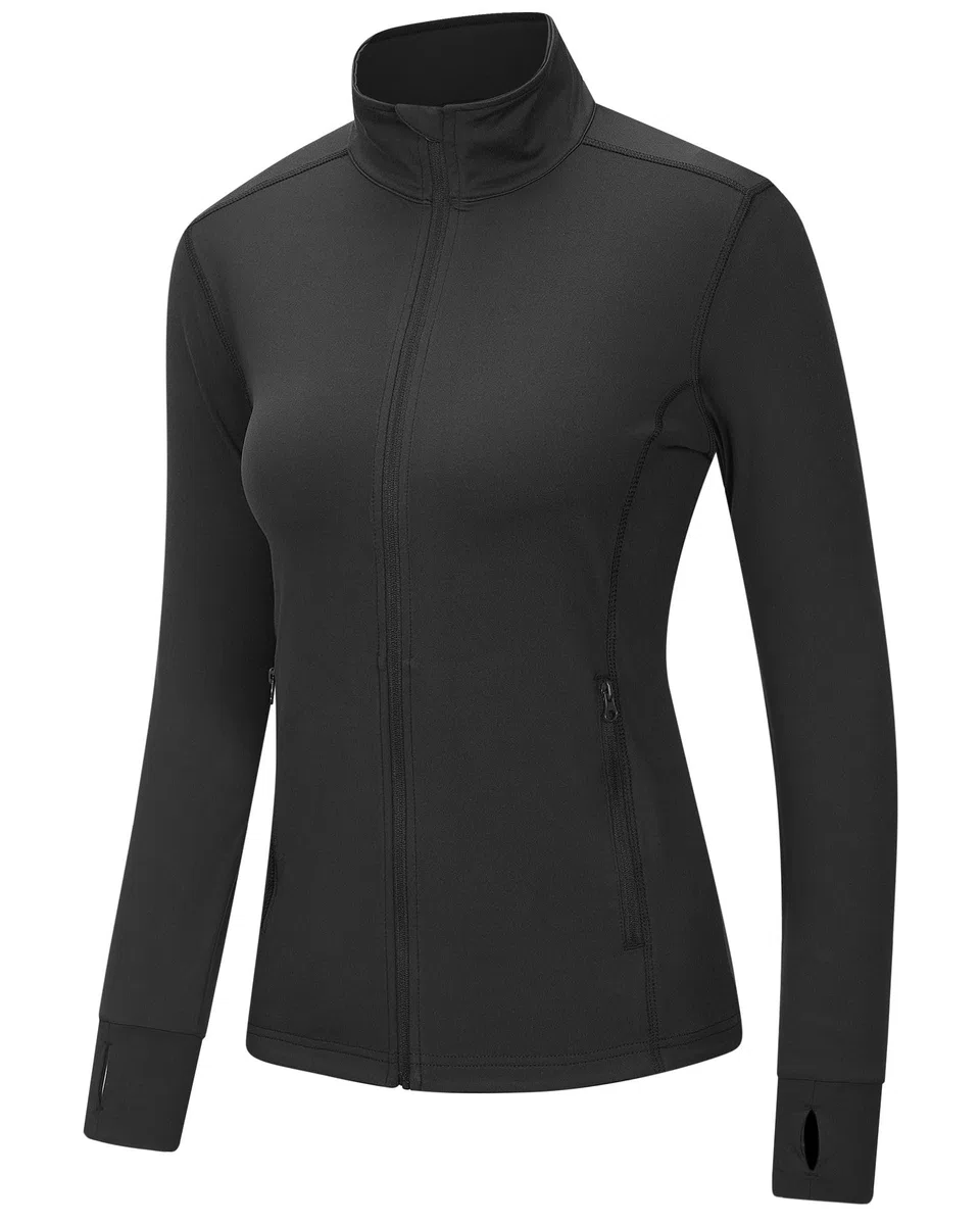 Outdoor Ventures Veste de course pour femme, col montant, veste de sport, manches longues, veste de survêtement légère et respirante, sans capuche, avec trou pour les pouces et poche, pour la course