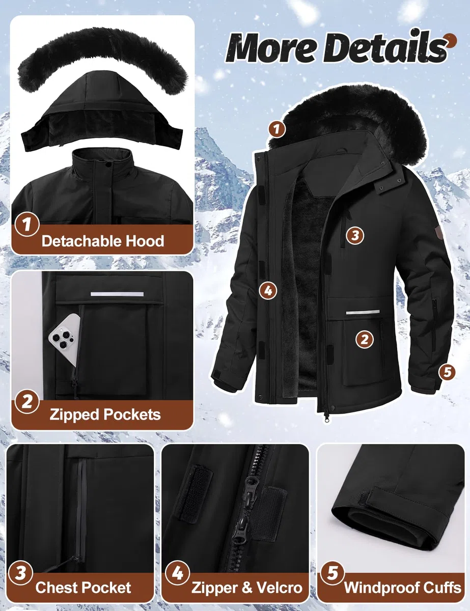 Voqeen Veste Ski Femme Blouson Femme Hiver Imperméable Pour la Montagne Veste Polaire Coupe-vent avec Capuche Amovible pour Femmes