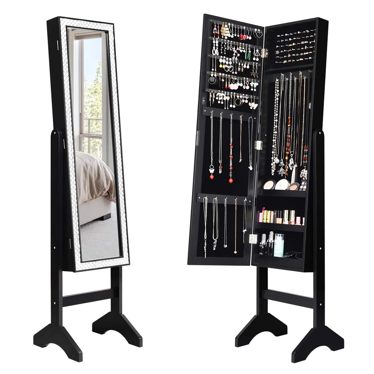 COSTWAY Armoire à Bijoux Verticale avec Miroir Clair Pleine Longueur et Angle Légèrement Réglable, Système de Triage et de Rangement pour Tout Type de Bijoux (Noir)