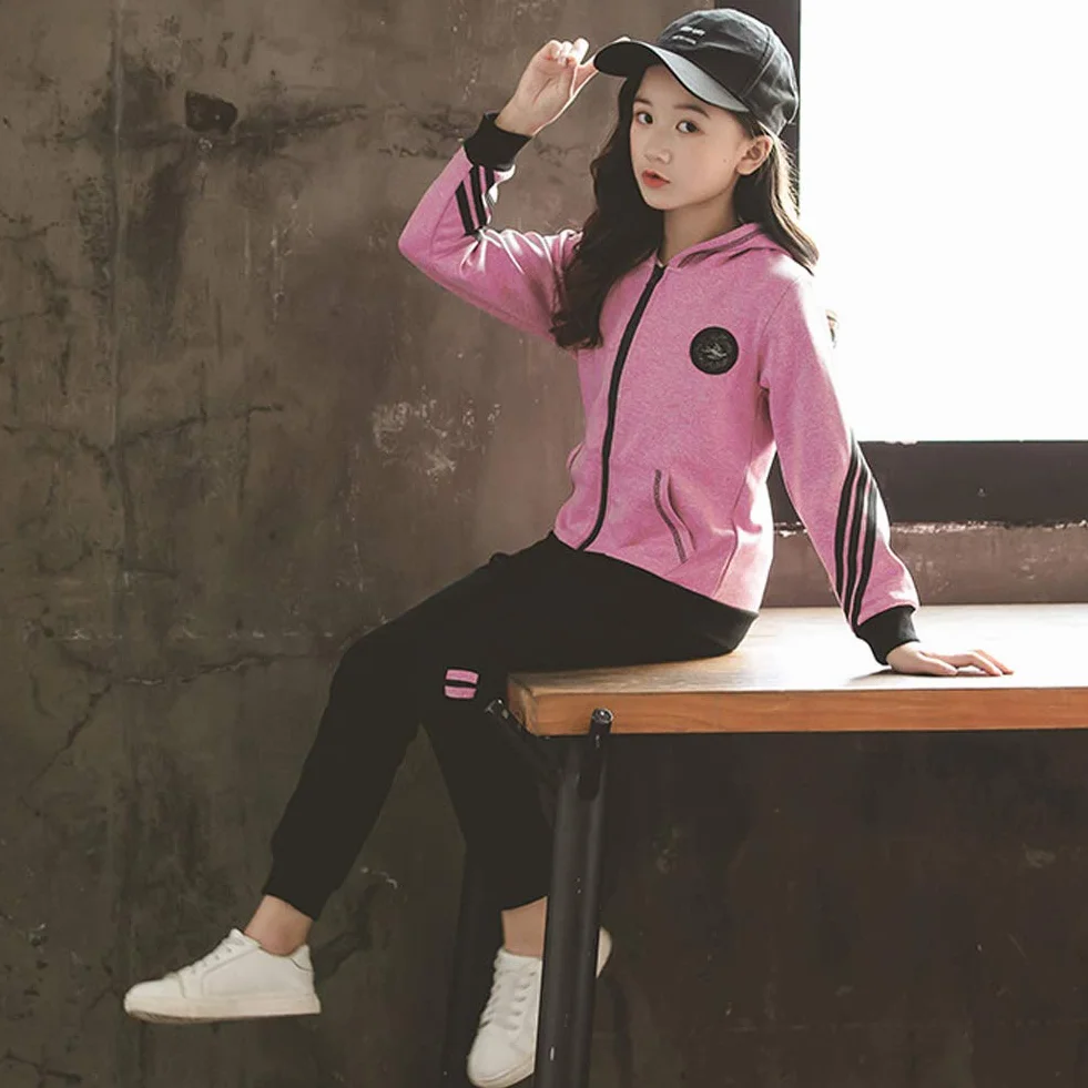 Survêtement Fille Encapuchonné Sweat à Capuche Ensemble de Sport 2/3 Pièces Veste Pantalon de Sport Sweat-Shirt Zippé Vêtement de Printemps Automne Costume Jogging Joggers