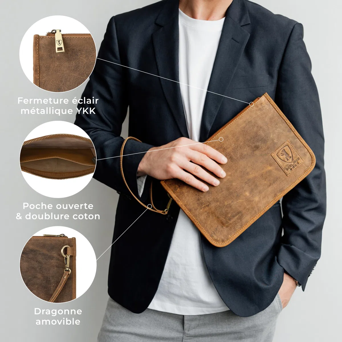 Berliner Bags Theo XL Pochette Documents en Cuir Véritable avec Fermeture Éclair, Organiseur de Voyage et Porte-Passeport Élégant et Durable pour Homme et Femme – Marron