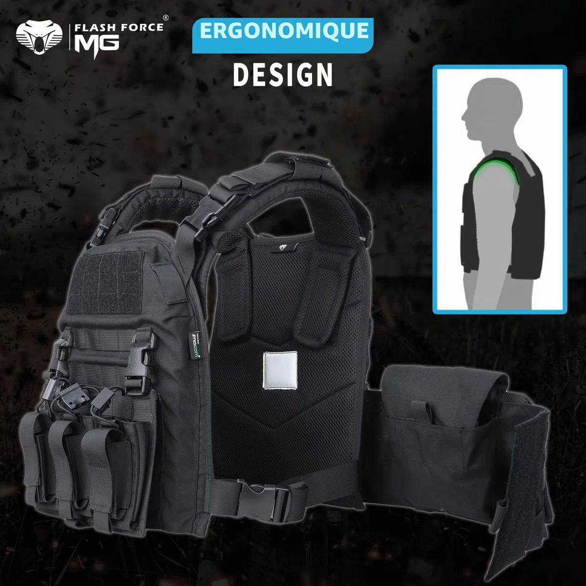 MGFLASHFORCE Gilet tactique Molle Airsoft pour homme