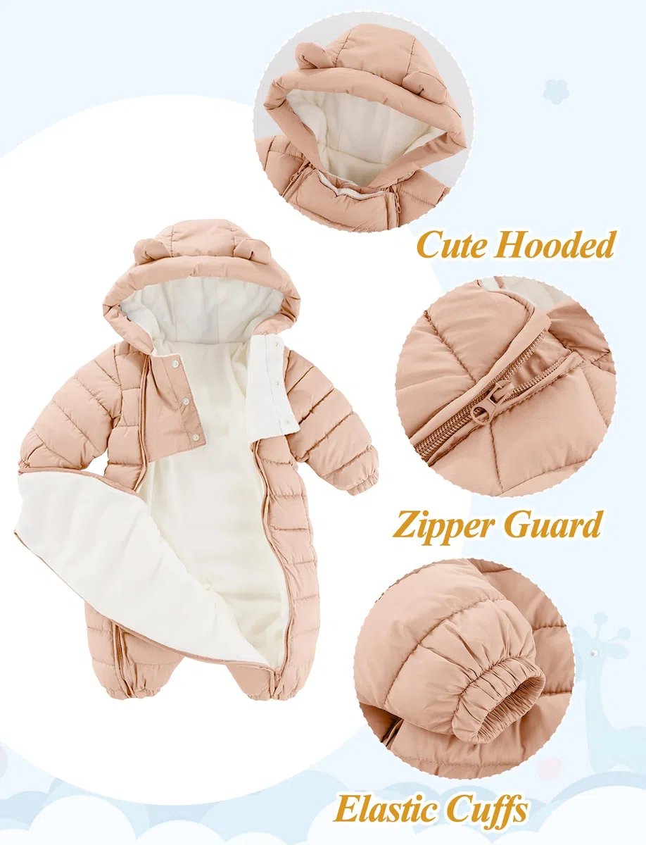 Maeau Combinaison de Neige Ski Bébé Nouveau Né Fleece Manteau à Capuche Bébé Garçon Fille Body Barboteuse Hiver 0-24 mois Snowsuit avec Double Fermeture Éclair Grenouillère Chaud Bébé Fille Garçon