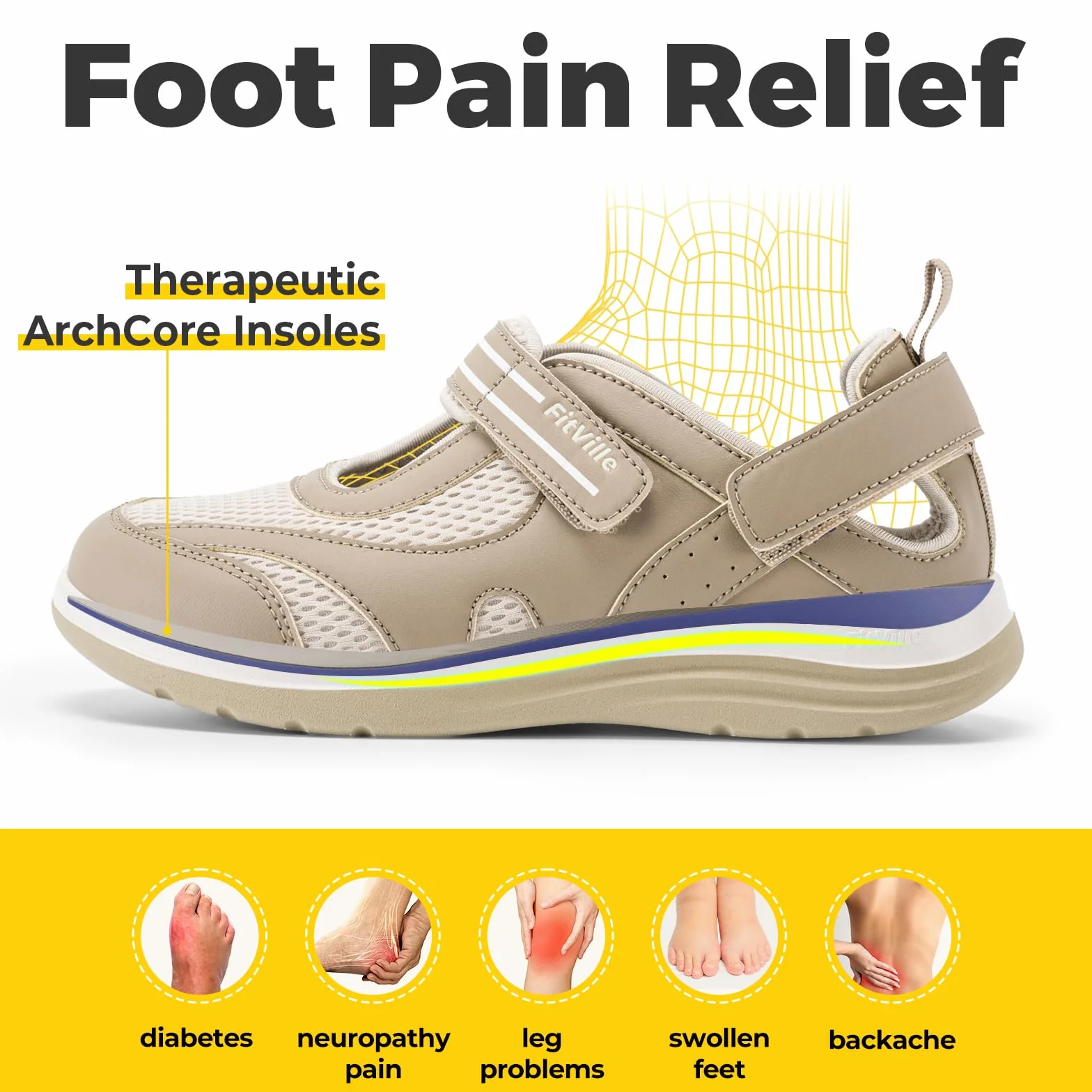 FitVille Chaussures pour Femmes à Pieds Larges Chaussures de Marche Confortables et Respirantes Sandales avec Soutien de la Voûte Plantaire