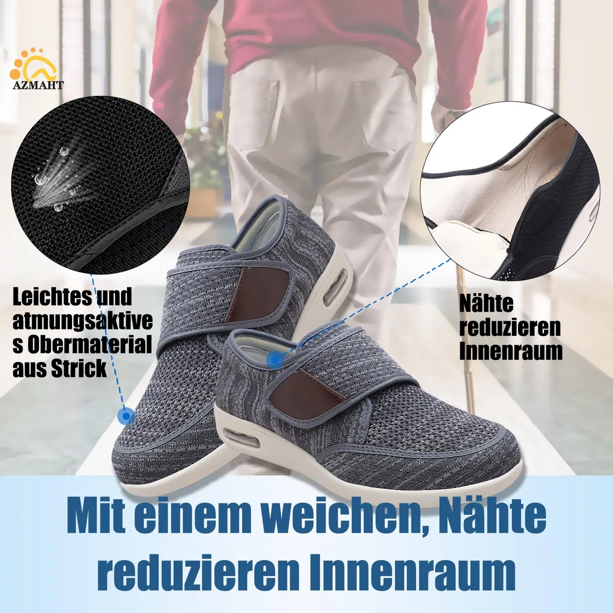 Chaussures diabétiques pour Hommes, en Tissu Eté Scratch Réglable Orthopédique Viscoélastique pour Oedème Gonflé Pied Large Orteil Ouvert Elargissement,Black Gray,48 EU