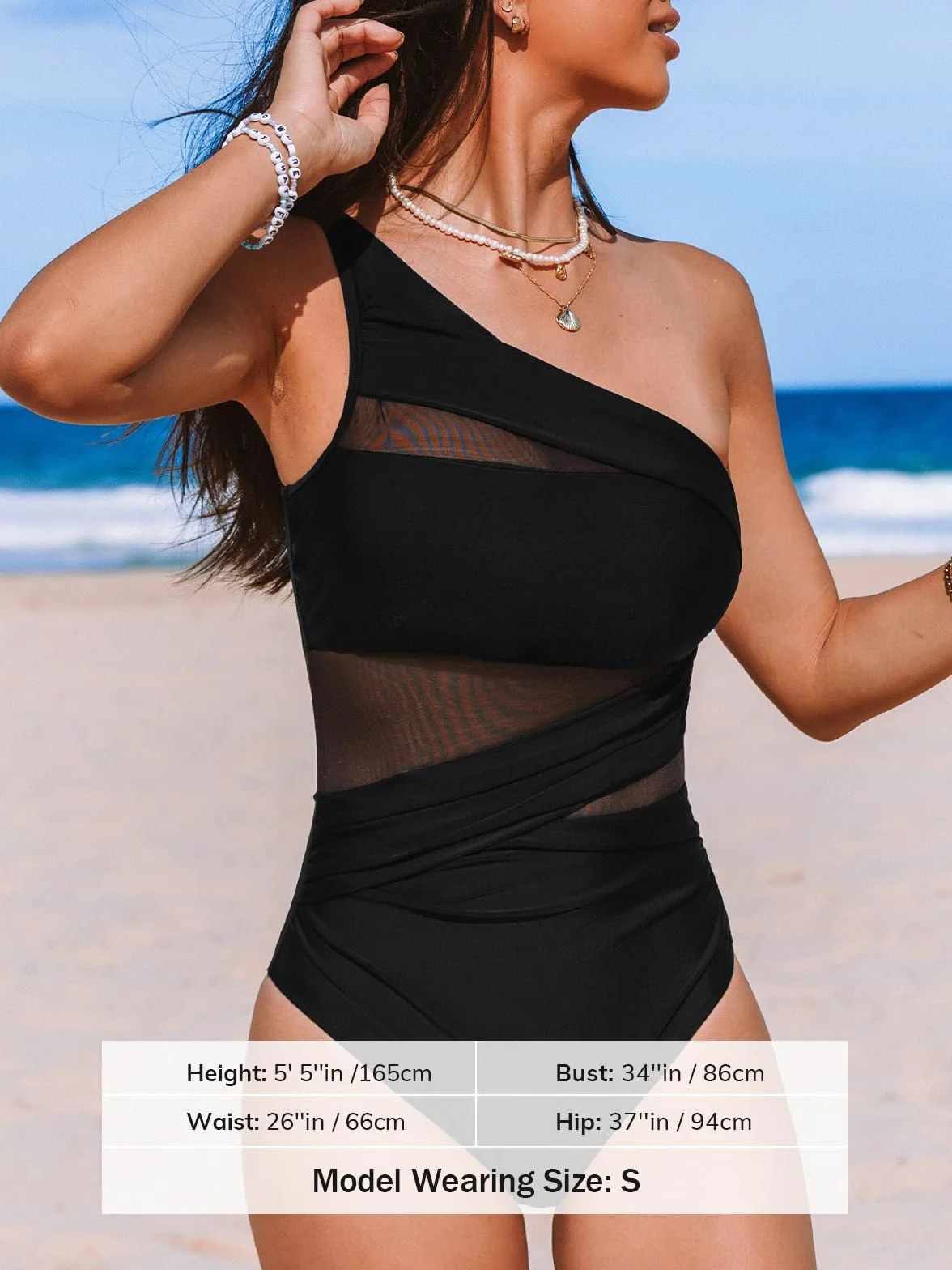 CUPSHE Maillot de bain une pièce pour femme - Contrôle du ventre - Col asymétrique froncé - Bretelles en maille