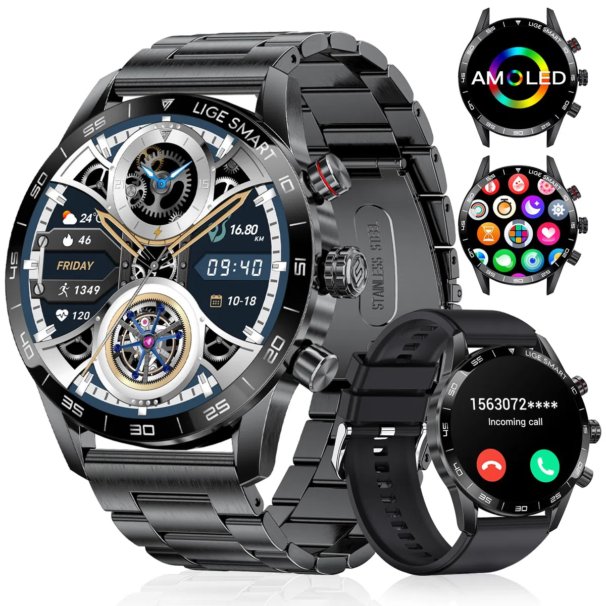 LIGE Montre Connectée Homme 1,43'' AMOLED, Appel Bluetooth, Assistant Vocal, 2 Bracelets, Autonomie 15 Jours, 124 Modes Sportifs Smartwatch iOS Android