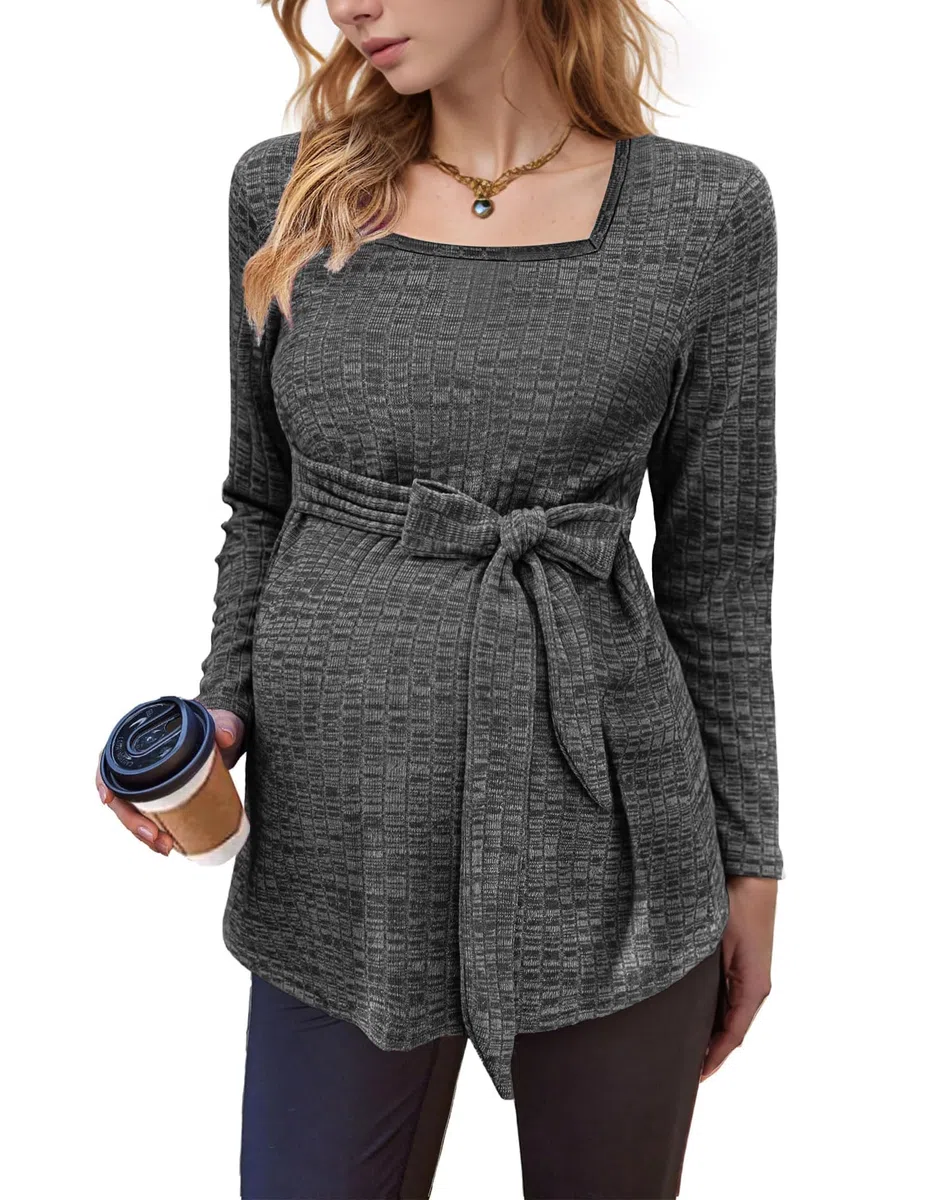 hohololo Pull de grossesse à manches longues pour femme - Tuniques tricotées - Pull de grossesse