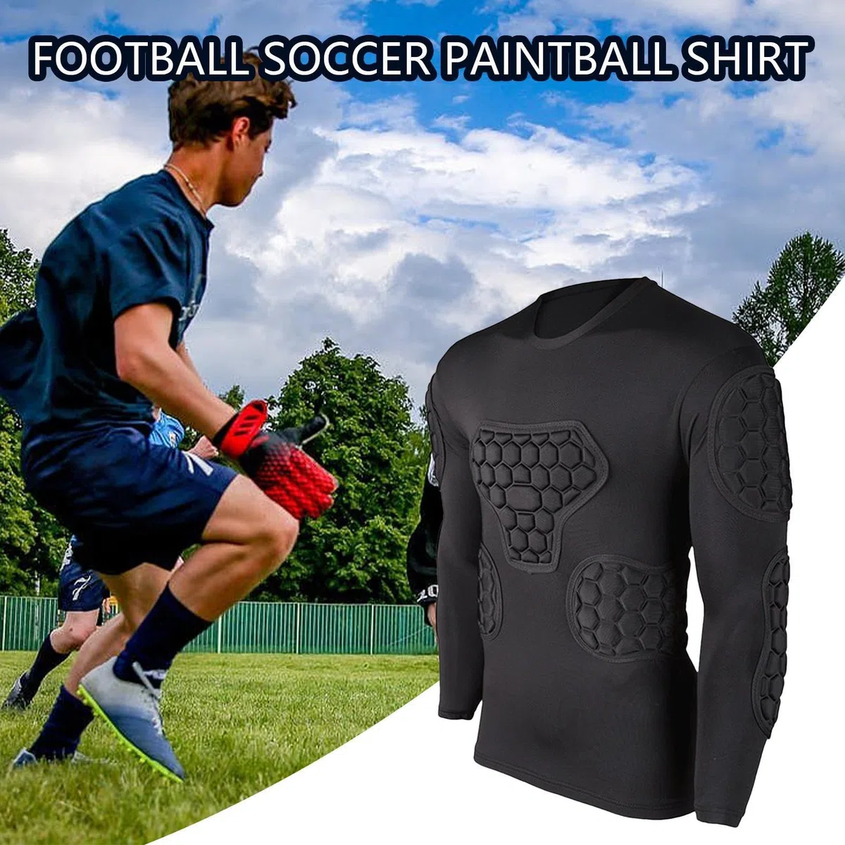 Maillot de Football rembourré | Maillot De Gardien À Manches Longues Noir | Chemise de Football pour Jeunes, pour Football, Basket-Ball, Paintball, Rugby, Parkour, Chemise rembourrée de Football