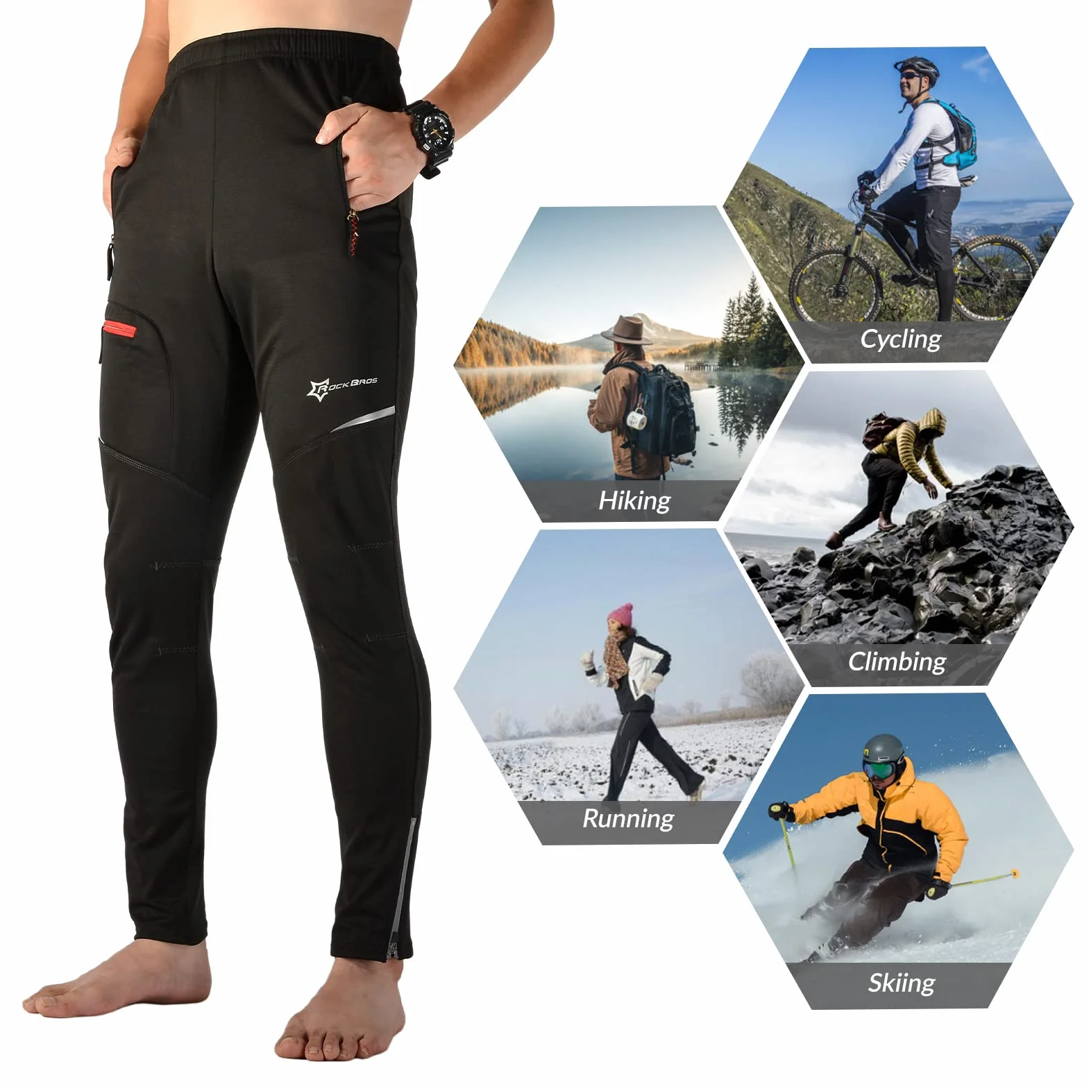 ROCKBROS Cyclisme Pantalon Polaire Vélo VTT Homme pour Sport d'hiver Thermique Coupe-Vent Imperméable Réfléchissants Noir M-4XL
