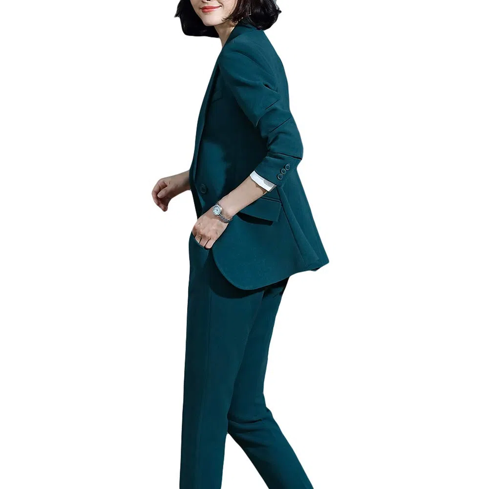 YFFUSHI Tailleur Femme 2 Pièces Elegant Veste Formel Slim Fit Blazer Bureau Travail Pantalon Costumes Revers Manteau Ensemble de Couleur Unie