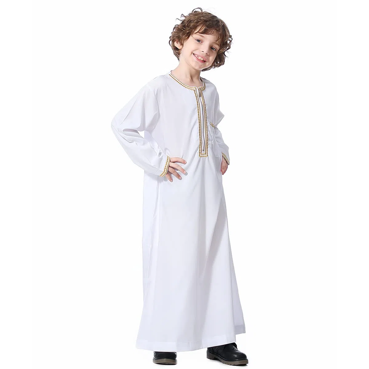 OBEEII Robe caftan à manches longues musulmane arabe arabe brodé pour garçon Abaya Thobe