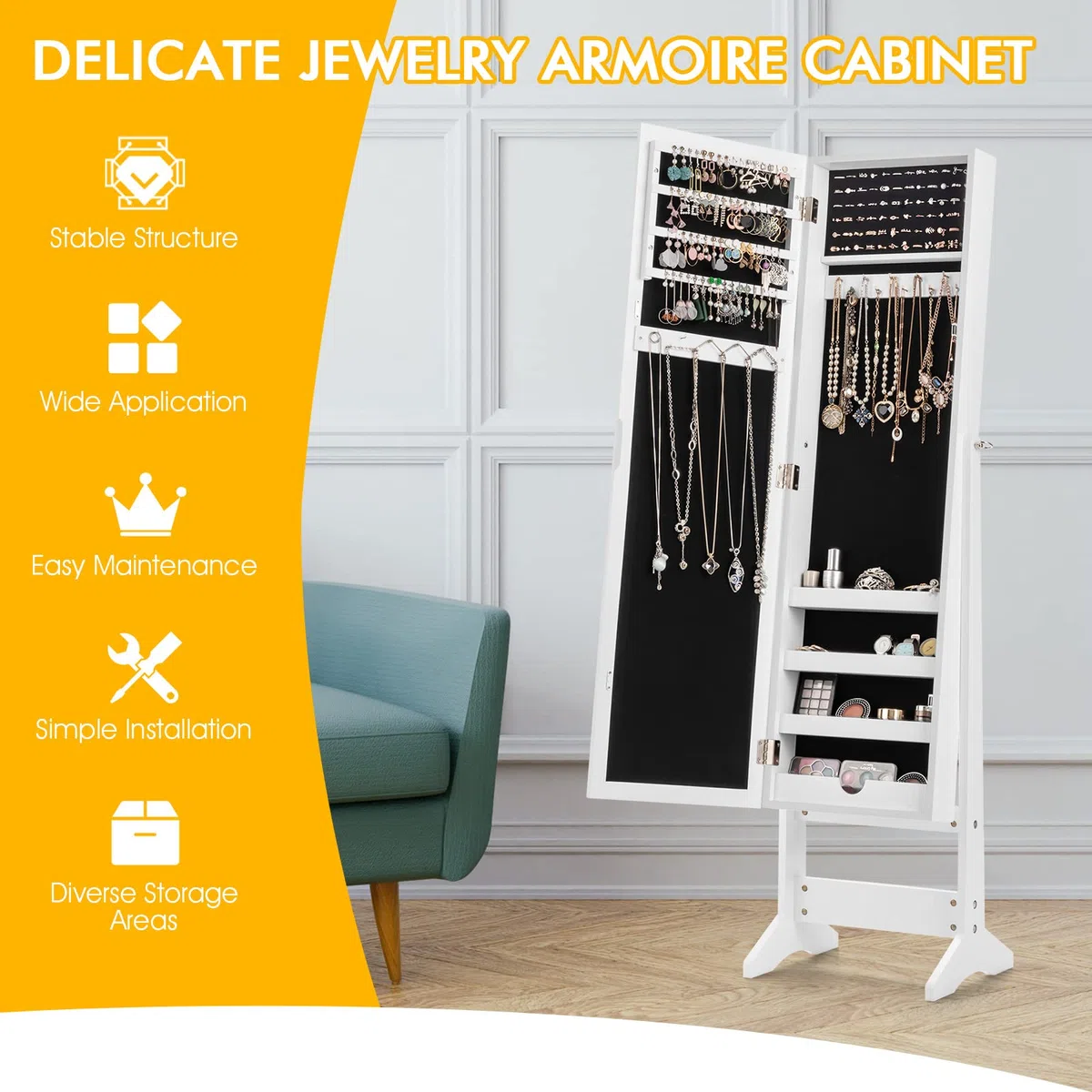 RELAX4LIFE Armoire à Bijoux sur Pieds avec Miroir Pleine Longueur HD 4 Angles Réglables, Armoire à Bijoux avec Grand Espace de Rangement pour Chambre, Vestiaire, Salle de Bain (Blanc)