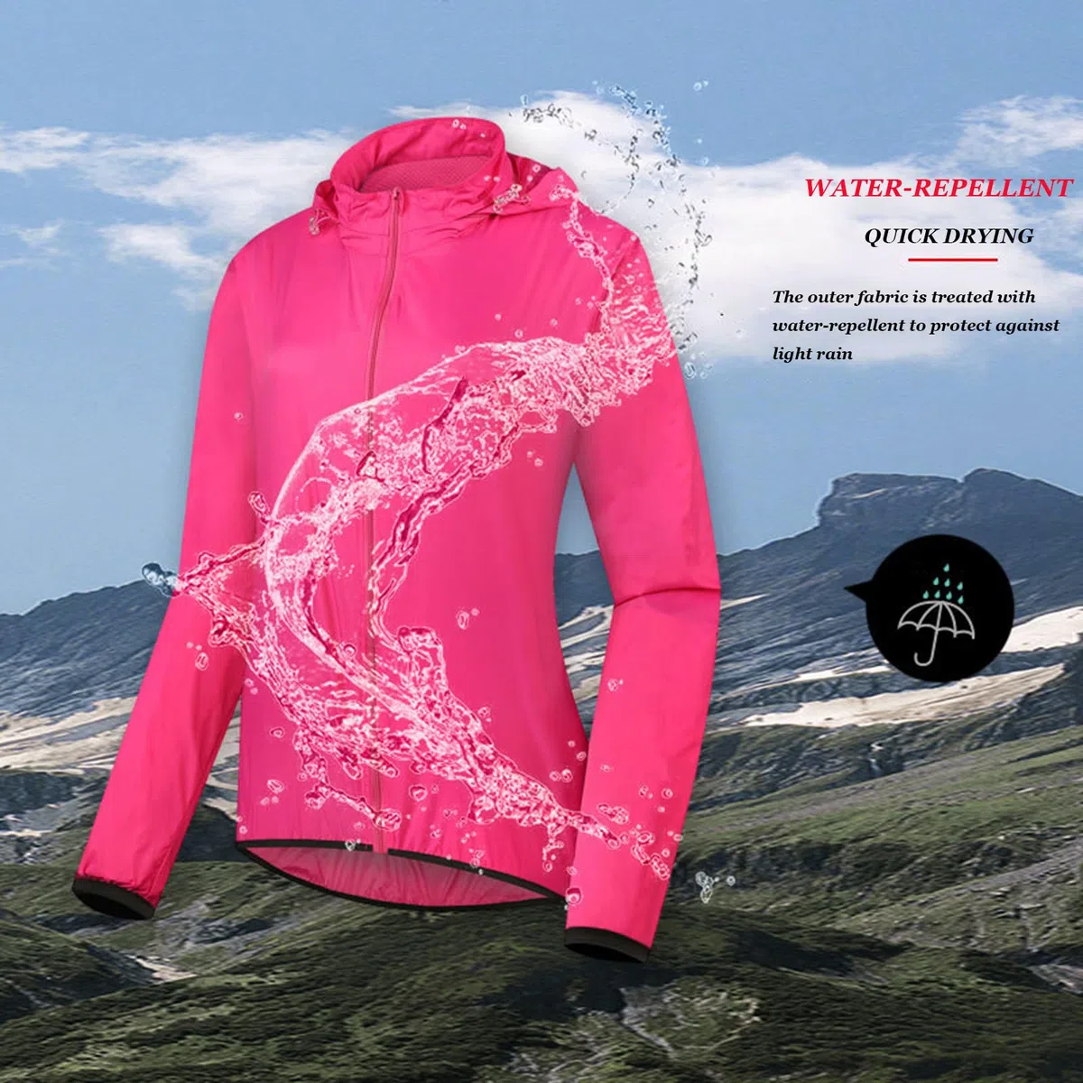Veste de Cyclisme avec Capuche Cachée Femme, imperméable Hauts de Vélo de Montagne Haute Visibilité Coupe-Vent pour Randonnée, Course, Camping, Équitation, Rose Red-XXL