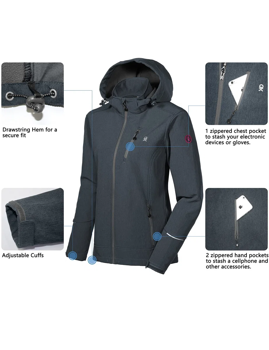 Little Donkey Andy Veste softshell pour femme avec capuche amovible, doublure polaire et déperlante