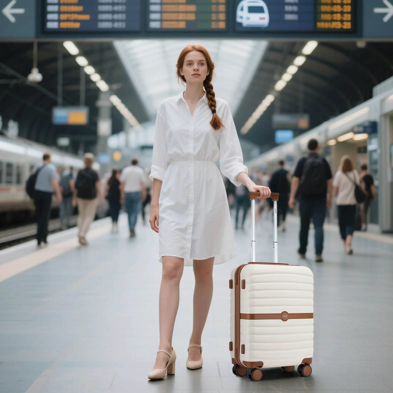 Kono Valise Rigide Valise Grande Taille Valise de Voyage ABS+PC avec 4 roulettes et Serrure 76.5x50.5x29 cm 94L Trolley de Voyage, Crème/Marron
