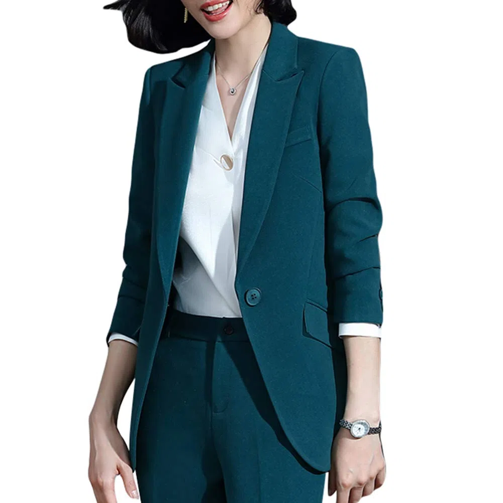 YFFUSHI Tailleur Femme 2 Pièces Elegant Veste Formel Slim Fit Blazer Bureau Travail Pantalon Costumes Revers Manteau Ensemble de Couleur Unie