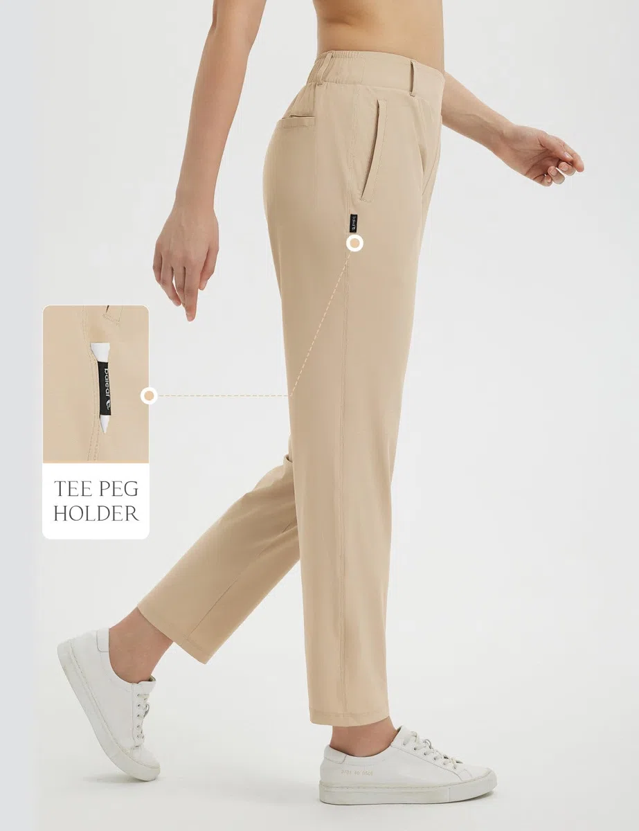BALEAF Pantalon de golf extensible pour femme avec passants de ceinture et poches à fermeture éclair UPF 50+, kaki, XS