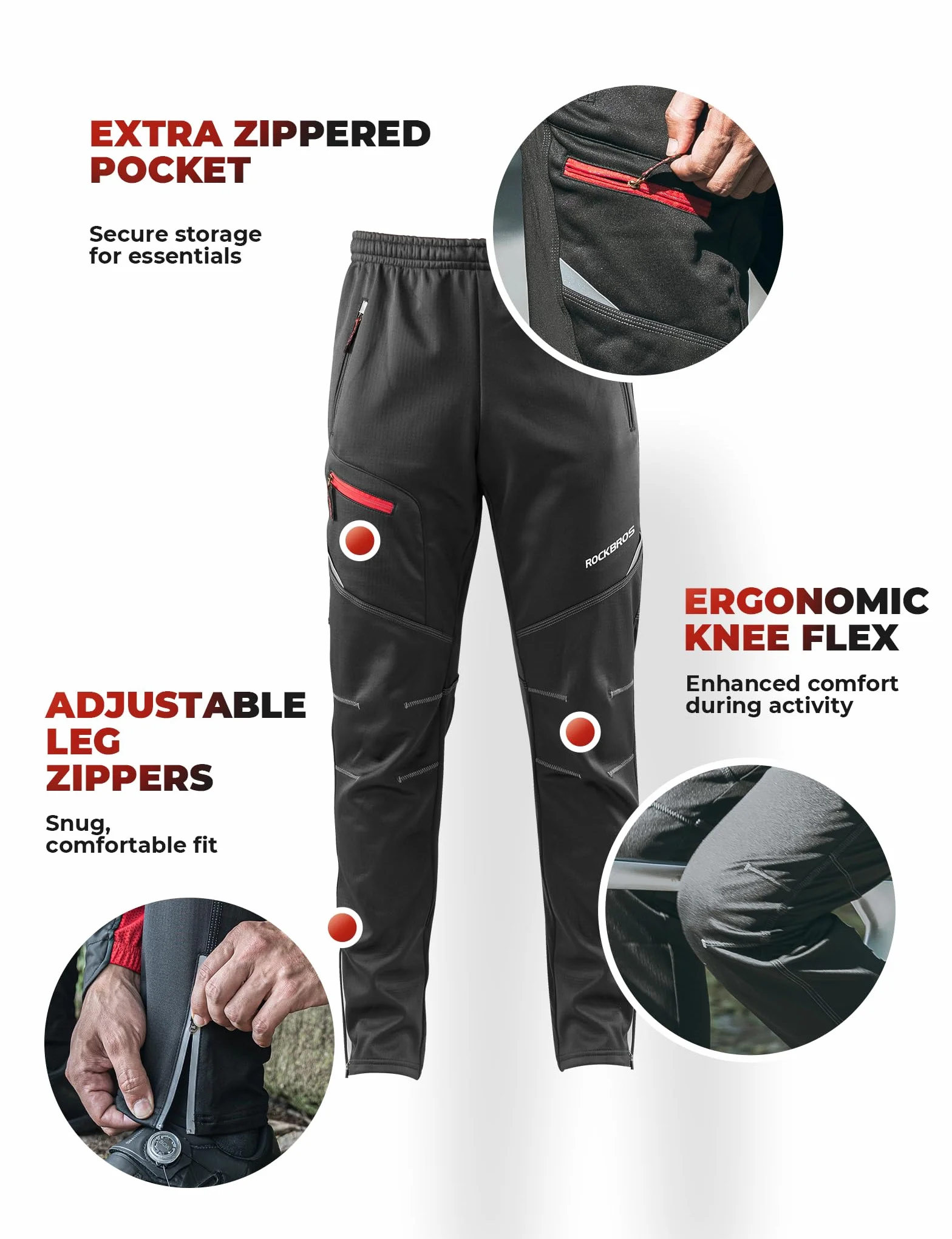 ROCKBROS Pantalon Polaire Cycliste d'hiver Homme Femme Thermique Coupe Vent Imperméable Noir pour Vélo VTT
