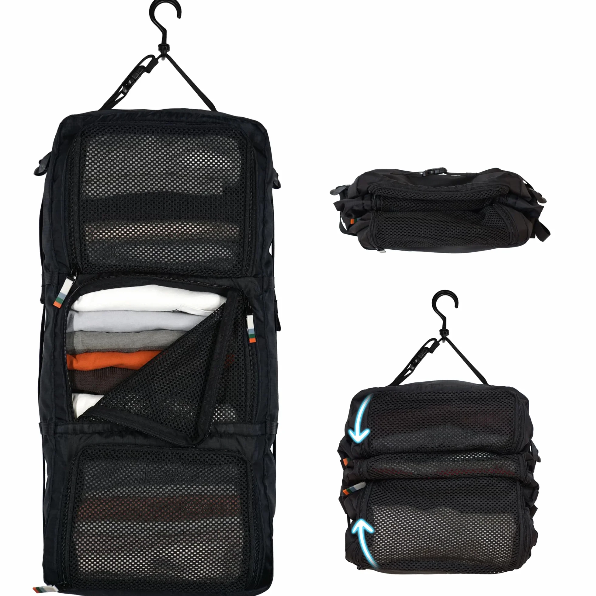 TRAVEL DUDE Compartimenteur de valise à susprendre, avec compression, en plastique recyclées | Cube d'emballage suspensible pour sac à dos | Sacs d'emballage portatifs pour sacs de voyage | Noir