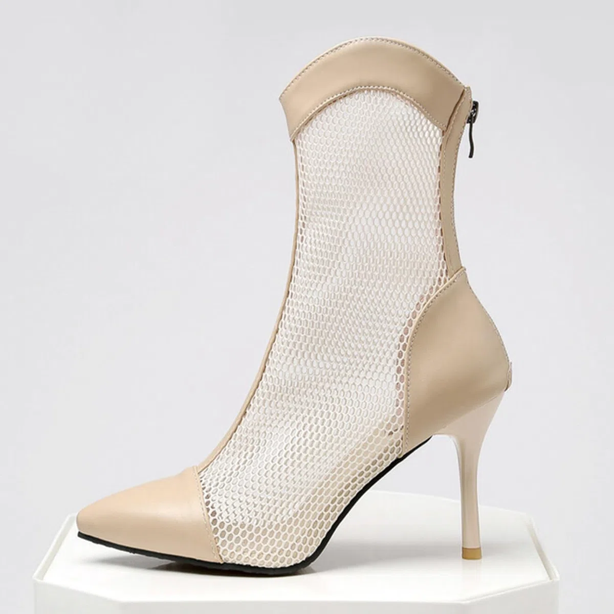 Femmes Bout Pointu Talon Aiguille Bottines en Cuir Maille Couture Bottes mi-Mollet Fermeture à glissière arrière été décontracté Respirant Bottes Chaussures habillées
