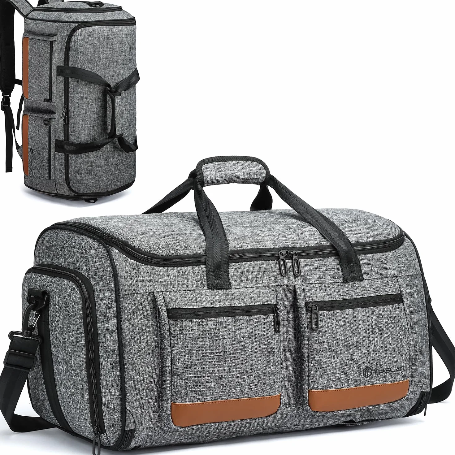TUGUAN Sac à Vêtements de Voyage Convertible 3 en 1 Housse Costume pour Voyage d'affaires avec Sangles de Sac à Dos et Compartiment pour Chaussures (Gris + Marron)
