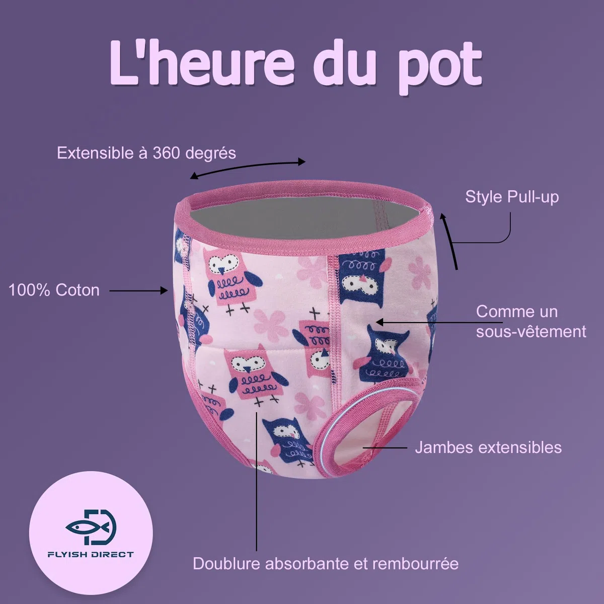 FLYISH DIRECT Culottes d'apprentissage pour Filles et Garçons 100% coton, Absorbantes Culottes Enfant Apprentissage, Anti-fuite, Réutilisables, Lot de 10, Rose Violet, 2 ans