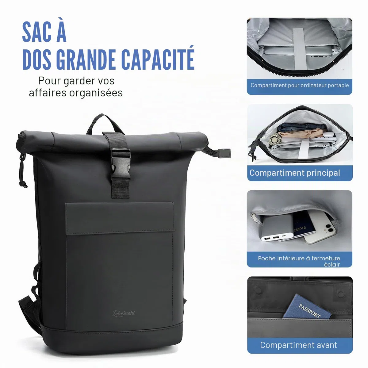 Lekeinchi Rolltop Sac à dos élégant pour ordinateur portable de 17 ", étanche, grand sac à dos de voyage, sac à dos d'école, pour les voyages, l'université, le travail
