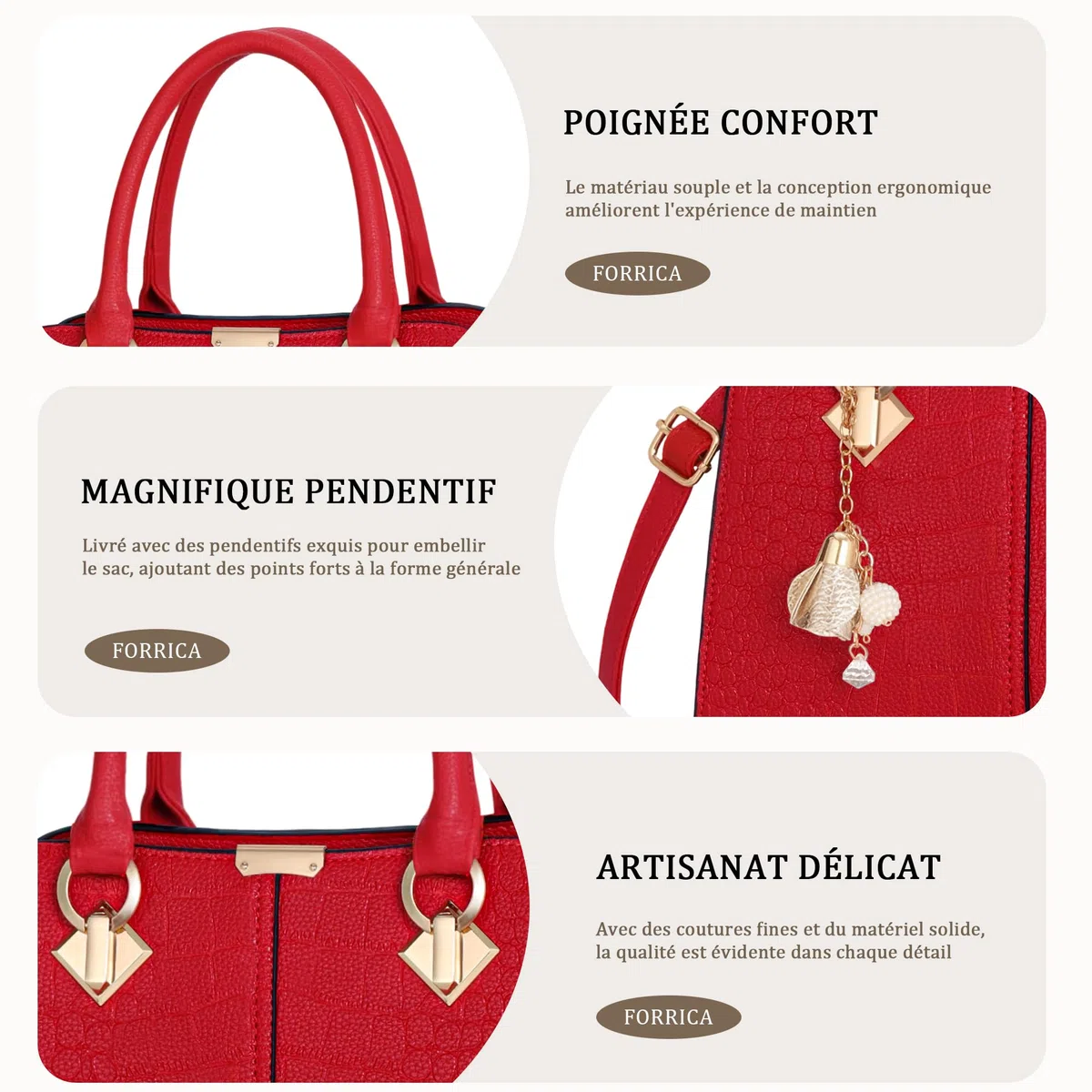Femme Sac à Main Elégant Top Poignée Sacs à Bandoulière avec Exquis Pendentif PU Cuir Dames Sac Fourre Tout pour Travail Achats Rouge A