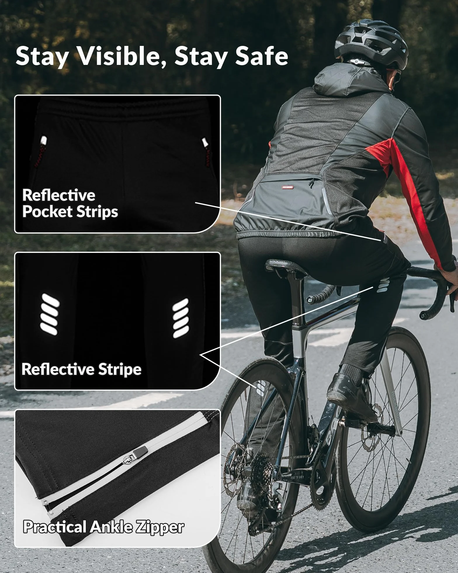 ROCKBROS Cyclisme Pantalon Polaire Vélo VTT Homme pour Sport d'hiver Thermique Coupe-Vent Imperméable Réfléchissants Noir M-4XL