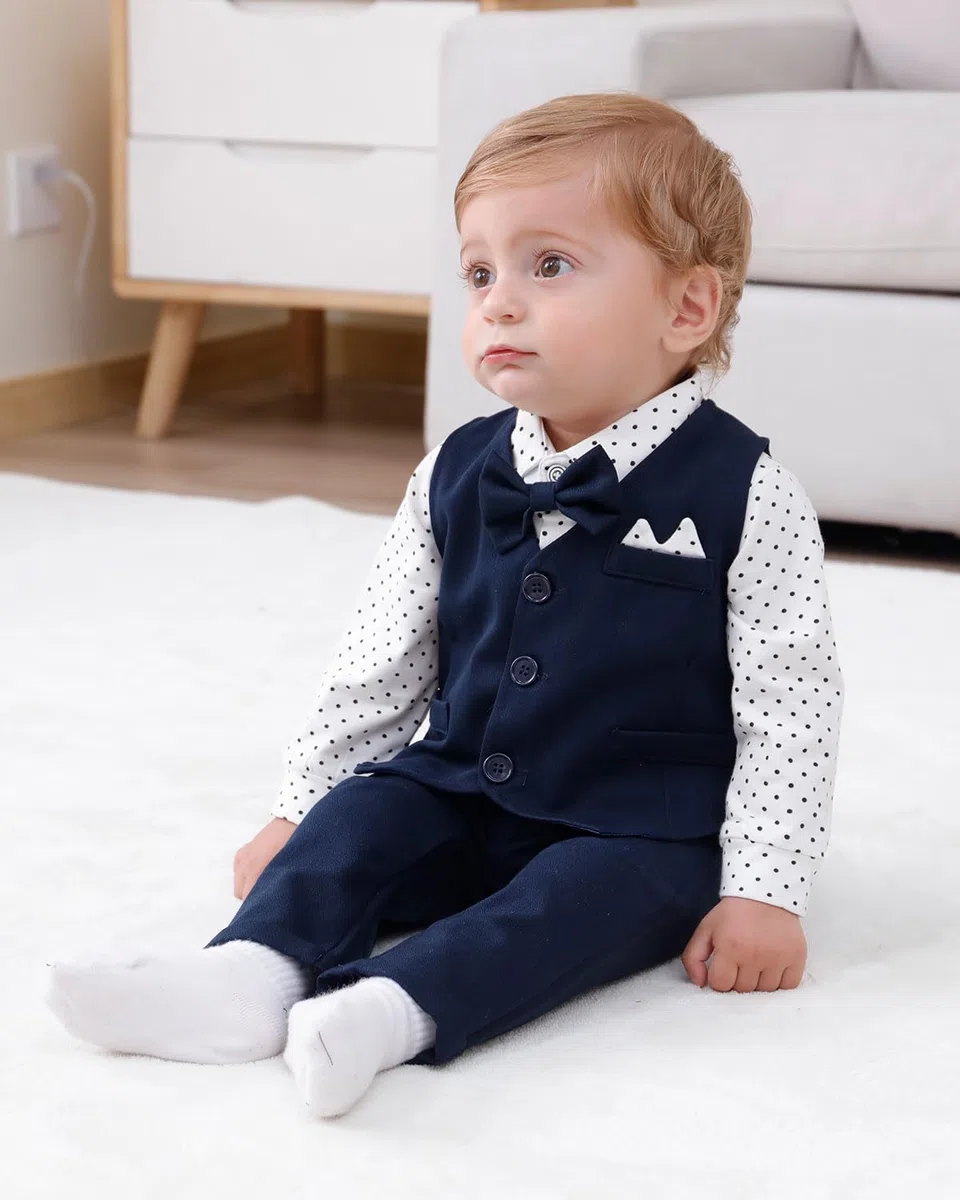 Costumes de Bébé Garçon Baptême Tenue Mariage Parti Bebe pour Ceremonie Ensemble de Barboteuse + Gilet + Pantalon Vêtement Bleu Marine 18-24 Mois