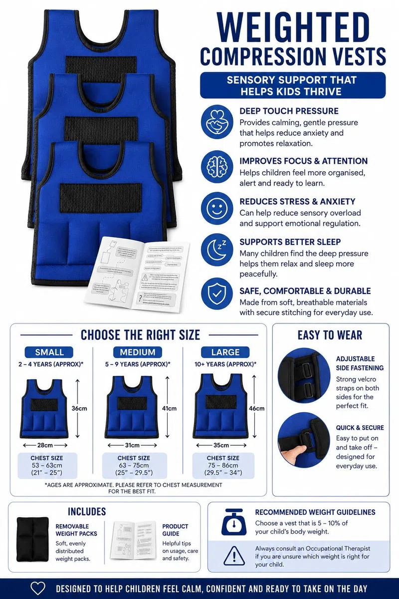Sentire-Sensory UK – Gilet lesté réglable bleu – Gilet de compression – Pour enfants de 2 à 10 ans et plus