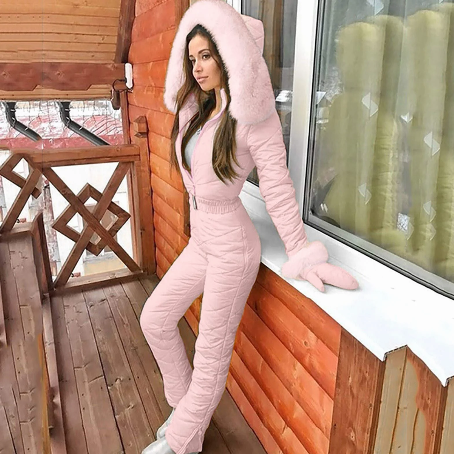 Combinaison de ski une pièce pour femme - Combinaison de neige longue avec imprimé à carreaux - Combinaison de ski avec fourrure chaude - Combinaison d'hiver avec ceinture élégante - Imperméable