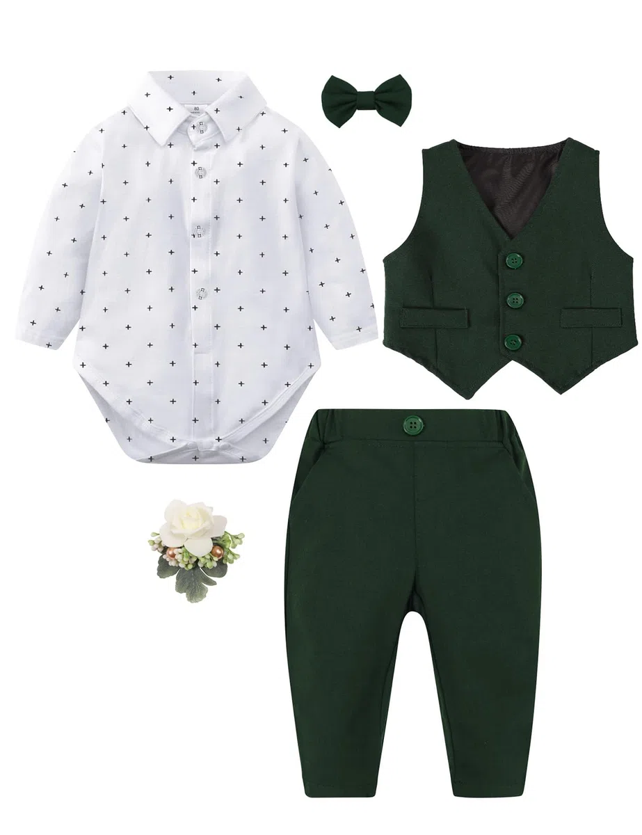 mintgreen Costume Bebe Garcon, 3pcs Ensembles Mariage Gentleman Vêtements Combinaison + Breast Flower Vest + Pantalon