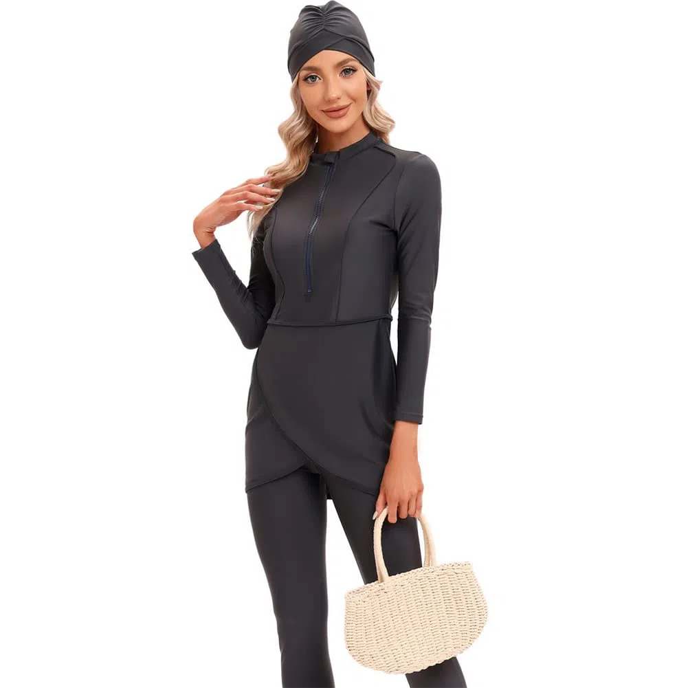 IMEKIS Burkini Musulman Maillot de bain pour femme Motif floral Maillot de bain Islamique Maillot de bain manches longues Rash Guard Fermeture éclair Haut de bain avec maillot de bain Hijab 3 pièces