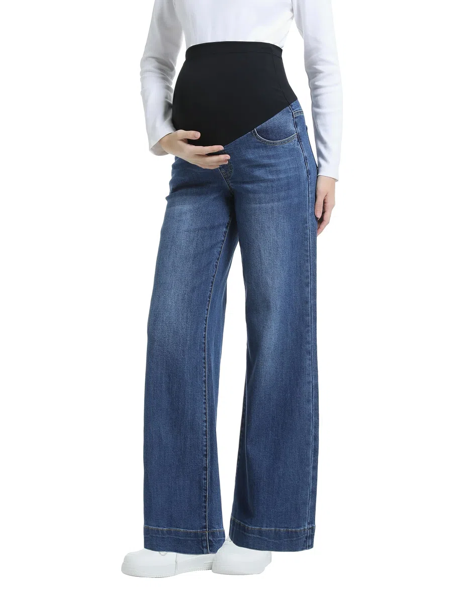 Jean Grossesse Femme Taille Haute Jambes Larges Pantalon Grossesse avec Poches