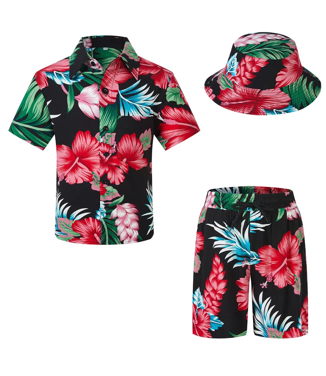 Ensemble chemise hawaïenne boutonnée à manches courtes et short avec chapeau cloche pour garçon