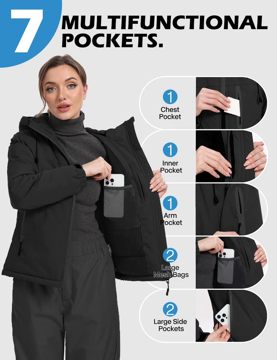 GEMYSE Veste de Ski Femme Imperméable et Coupe-Vent Manteau Chaud avec Capuche Réglable et Ourlet Ajustable pour Randonnée et Neige
