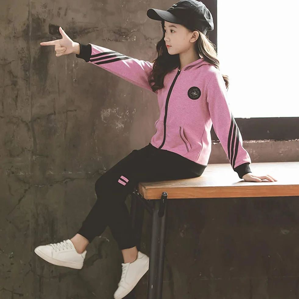 Survêtement Fille Encapuchonné Sweat à Capuche Ensemble de Sport 2/3 Pièces Veste Pantalon de Sport Sweat-Shirt Zippé Vêtement de Printemps Automne Costume Jogging Joggers