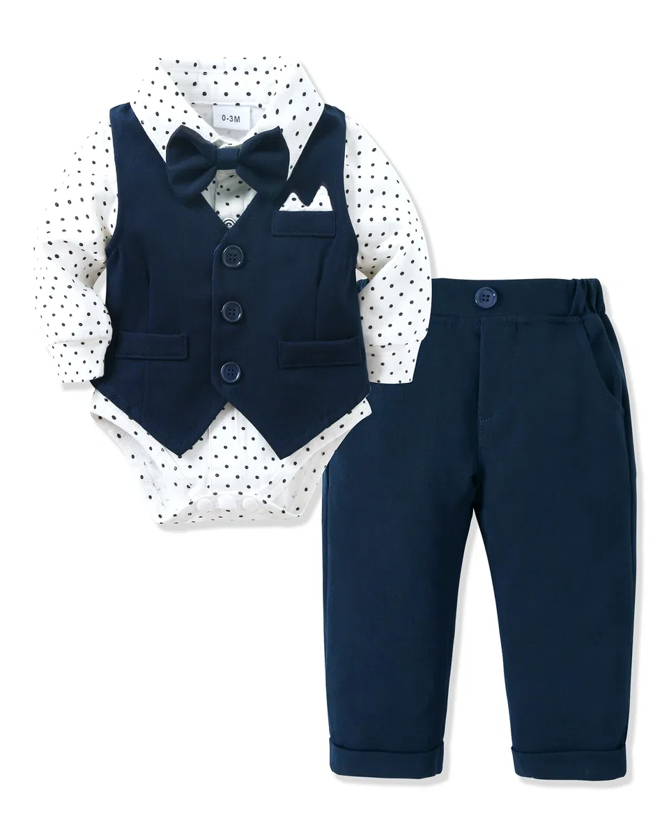 Costumes de Bébé Garçon Baptême Tenue Mariage Parti Bebe pour Ceremonie Ensemble de Barboteuse + Gilet + Pantalon Vêtement Bleu Marine 18-24 Mois