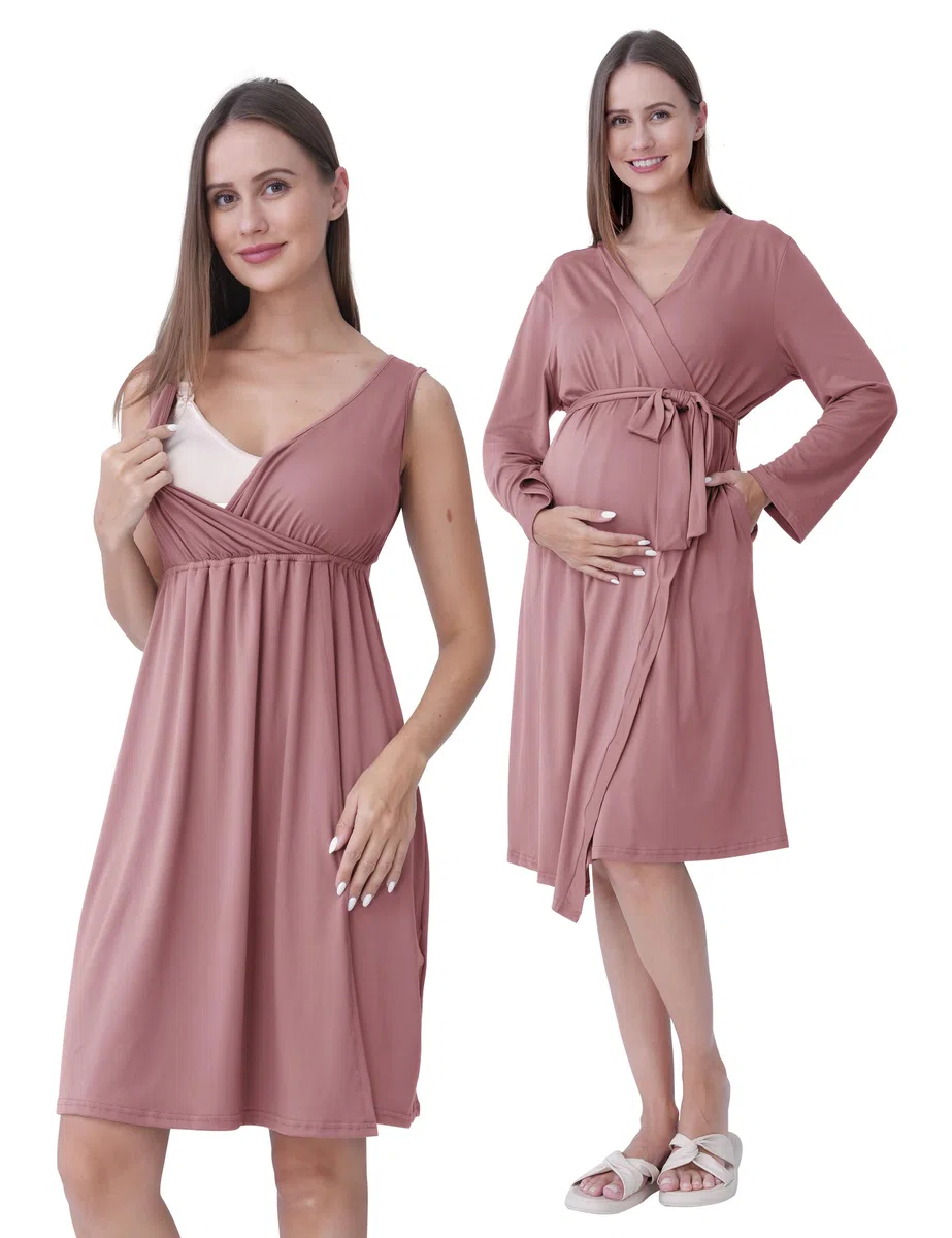 SUNNYBUY Chemise de nuit de grossesse et d'allaitement avec robe de chambre 2 pièces | Ensemble de vêtements de nuit de grossesse 3 en 1 pour naissance, puériculture et allaitement, vêtements de nuit