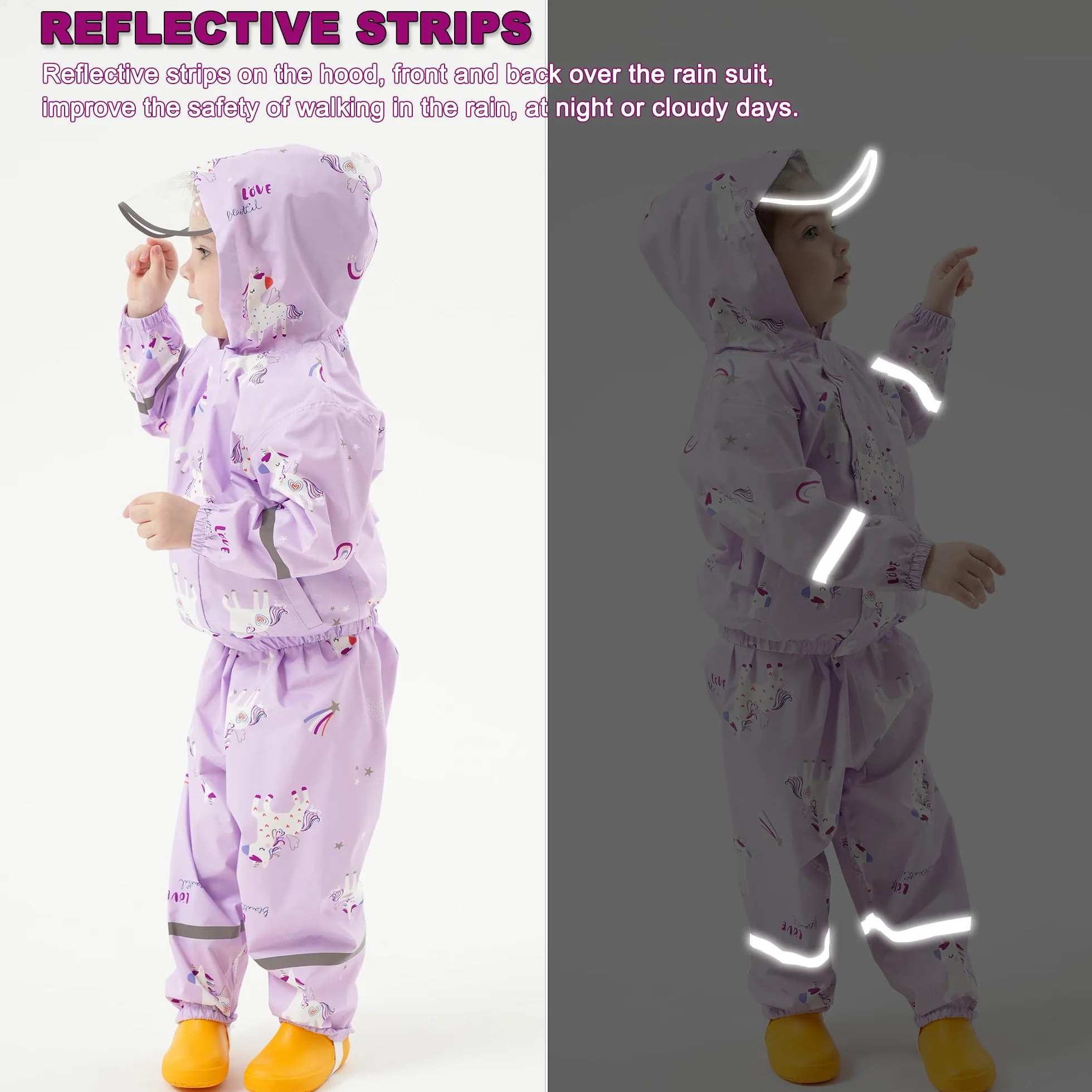 Combinaison Imperméables Enfant, Veste de Pluie + Pantalon Imperméable 2 pièces Ensembles, Filles Manteaux Imperméables Pantalon de Pluie Réutilisables Vêtements de Pluie