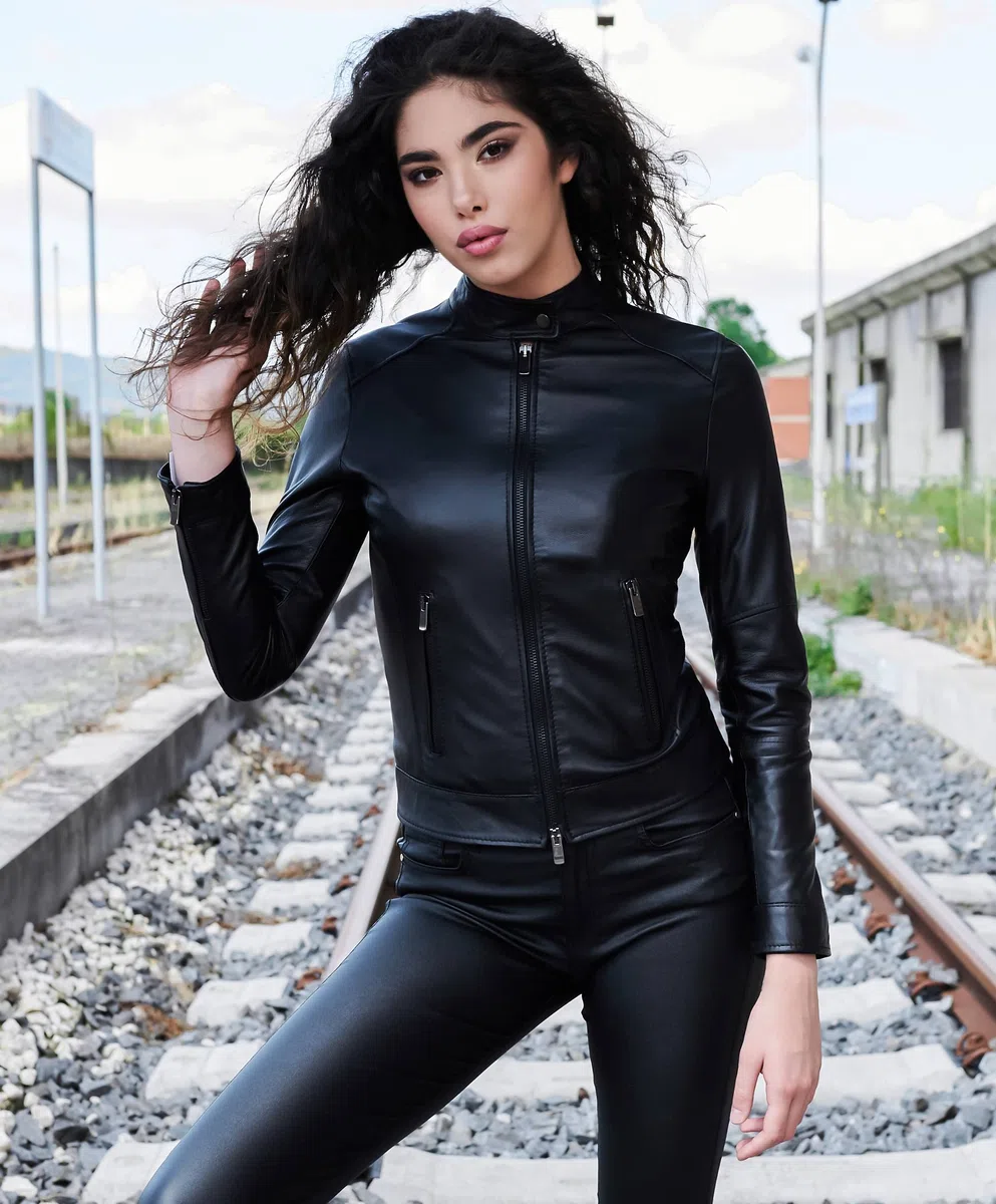 D'Arienzo Veste en Cuir Italien Agneau Femme Noir Véritable Motard Made in Italy Linda